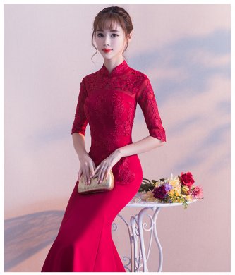 時(shí)尚中國風(fēng)中式禮服，紅色蕾絲花朵魚尾晚禮服