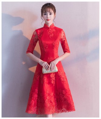 中袖立領(lǐng)中式禮服，復古中國風紅色晚禮服