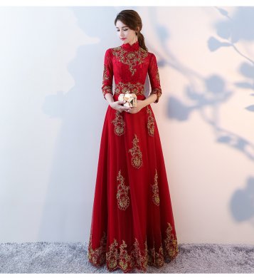 端莊典雅中式禮服，紅色蕾絲長款晚禮服