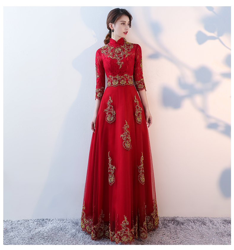 端莊典雅中式禮服，紅色蕾絲長款晚禮服