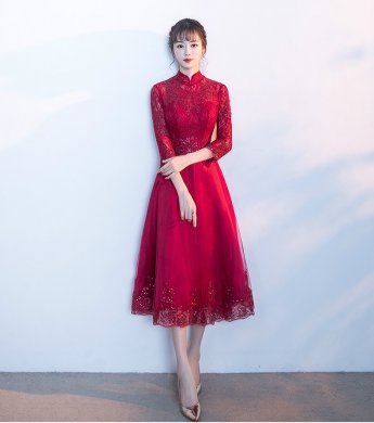 中國風(fēng)紅色中式禮服，長袖修身晚禮服