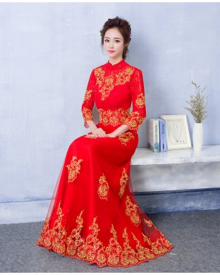 中國風蕾絲刺繡中式禮服，紅色復古新娘晚禮服