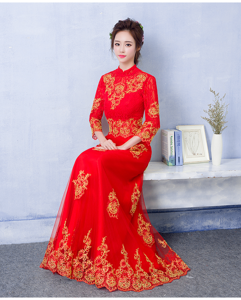 中國風(fēng)蕾絲刺繡中式禮服，紅色復(fù)古新娘晚禮服