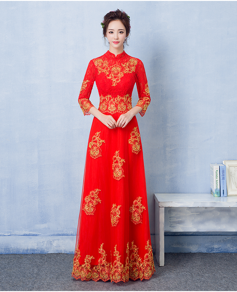 中國風(fēng)蕾絲刺繡中式禮服，紅色復(fù)古新娘晚禮服