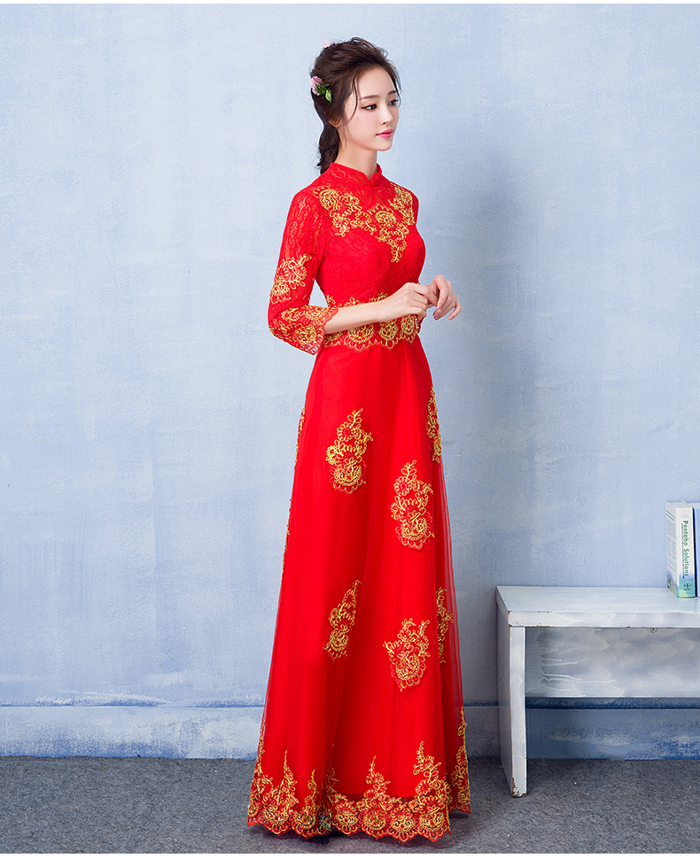 中國風(fēng)蕾絲刺繡中式禮服，紅色復(fù)古新娘晚禮服