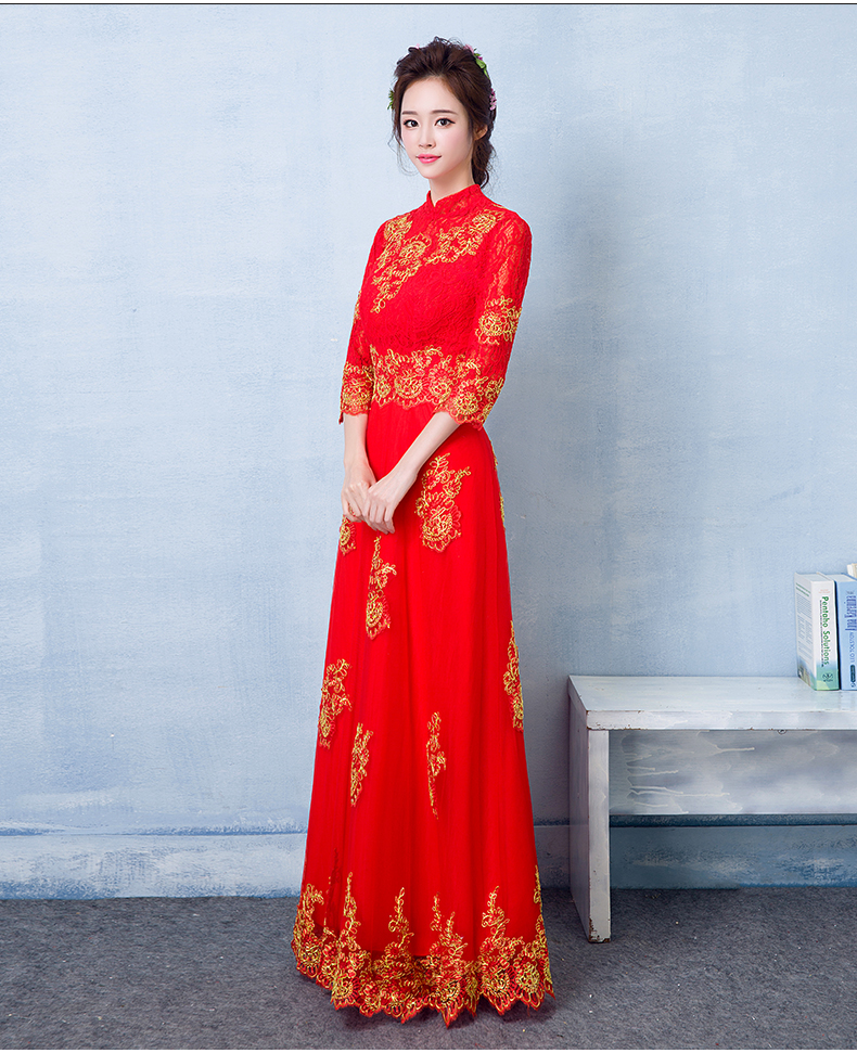 中國風(fēng)蕾絲刺繡中式禮服，紅色復(fù)古新娘晚禮服