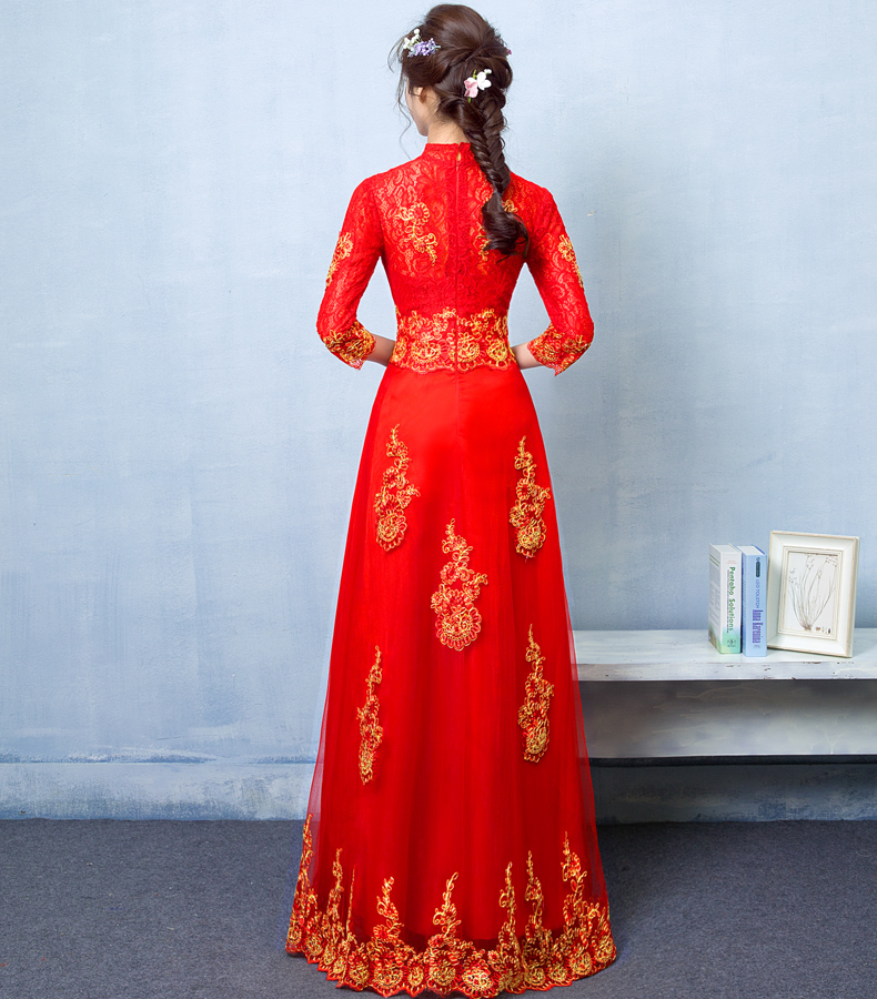 中國風(fēng)蕾絲刺繡中式禮服，紅色復(fù)古新娘晚禮服