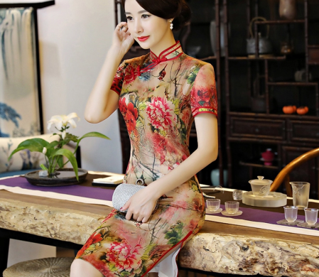 復(fù)古改良長(zhǎng)款旗袍，真絲優(yōu)雅旗袍