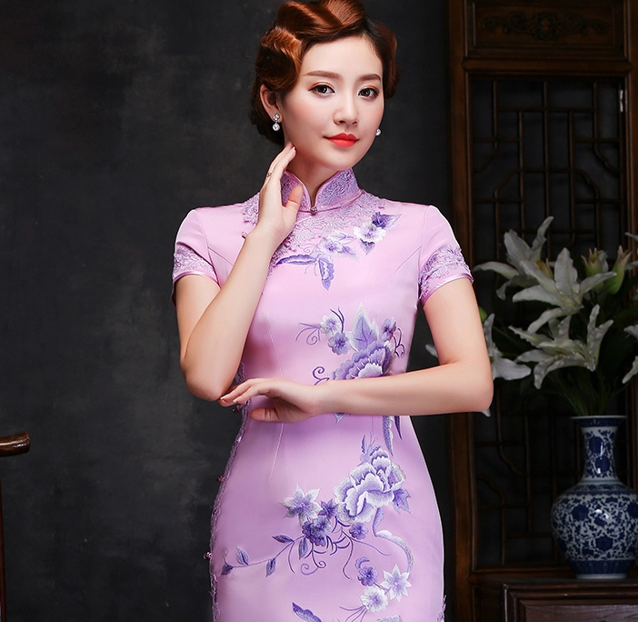 真絲繡花旗袍，復古氣質蕾絲鑲邊旗袍