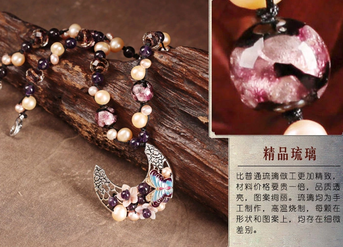 珍珠紫水晶項鏈，月牙吊墜鎖骨鏈中國風首飾