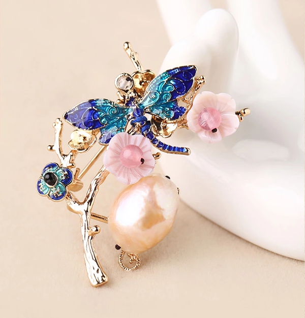 復(fù)古風珍珠蜻蜓景泰藍文藝胸針飾品