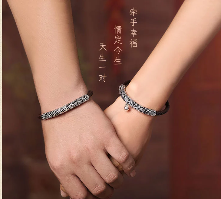 中國風古風牛皮情侶手環(huán)手鏈簡約銀首飾