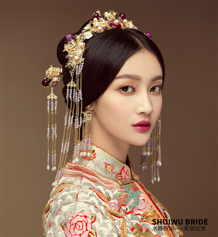 紫色串珠流蘇鳳冠結(jié)婚頭飾，中式古裝發(fā)飾