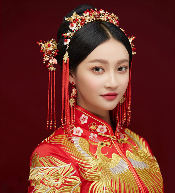 金底紅古風(fēng)頭飾，復(fù)古貝殼花流蘇發(fā)簪