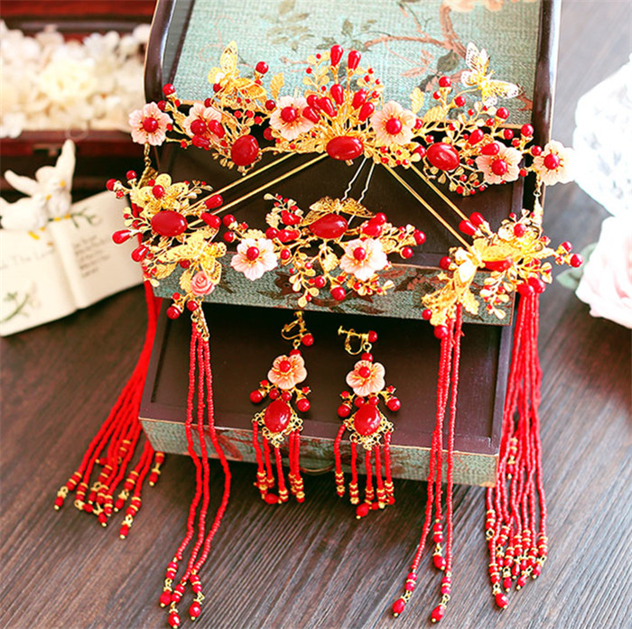 金底紅古風(fēng)頭飾，復(fù)古貝殼花流蘇發(fā)簪