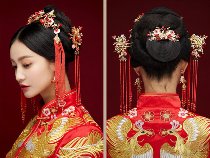 金底紅古風(fēng)頭飾，復(fù)古貝殼花流蘇發(fā)簪