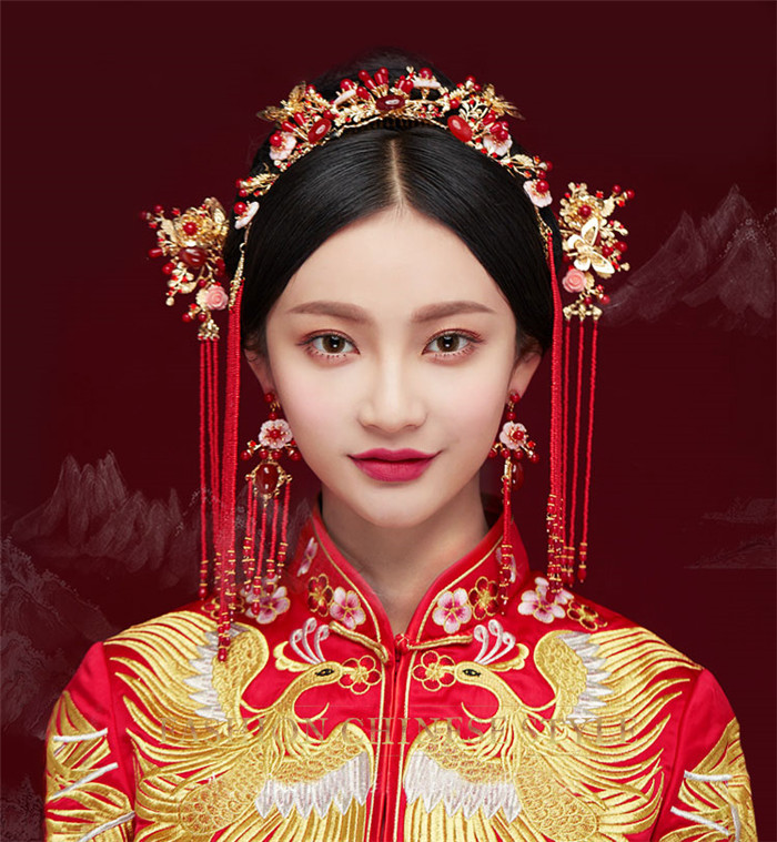 金底紅古風(fēng)頭飾，復(fù)古貝殼花流蘇發(fā)簪