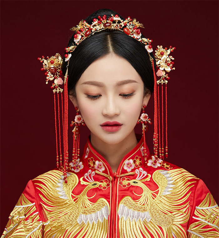 金底紅古風(fēng)頭飾，復(fù)古貝殼花流蘇發(fā)簪