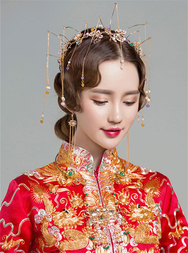 中式古典純手工發(fā)飾，婚禮頭飾蝴蝶彩珠