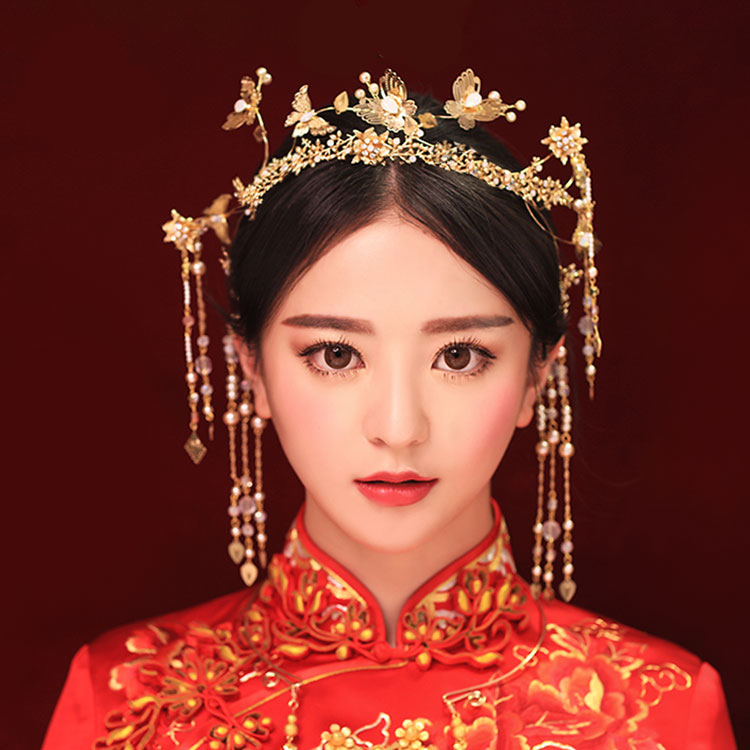 古裝頭飾金色流蘇，原創(chuàng)鳳冠發(fā)箍