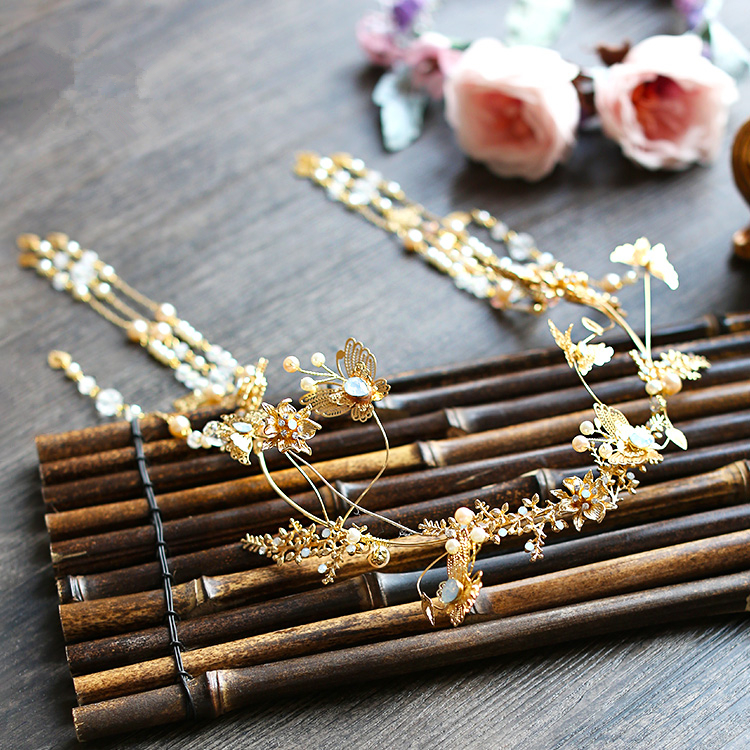 古裝頭飾金色流蘇，原創(chuàng)鳳冠發(fā)箍