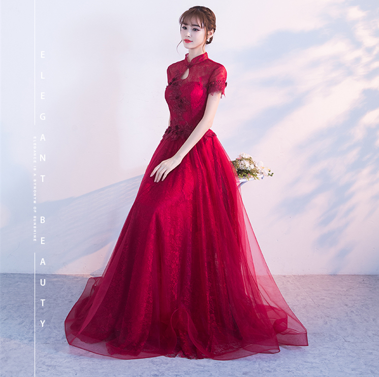 中式立領(lǐng)修身長(zhǎng)款禮服，新娘敬酒服