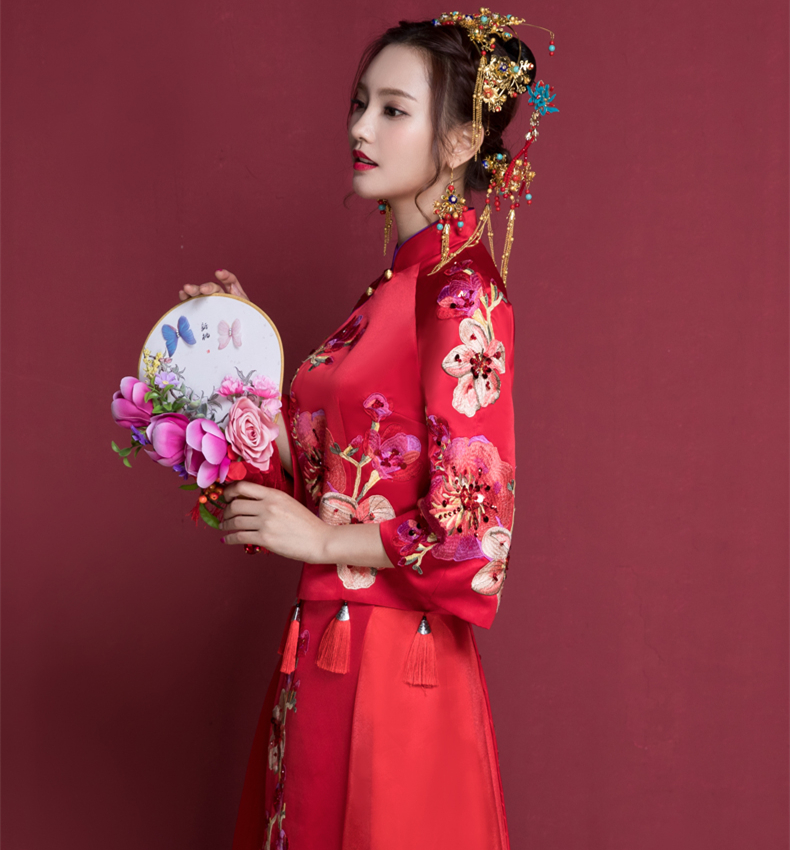 花開富貴中式新娘禮服，蘇繡桃花中袖敬酒服