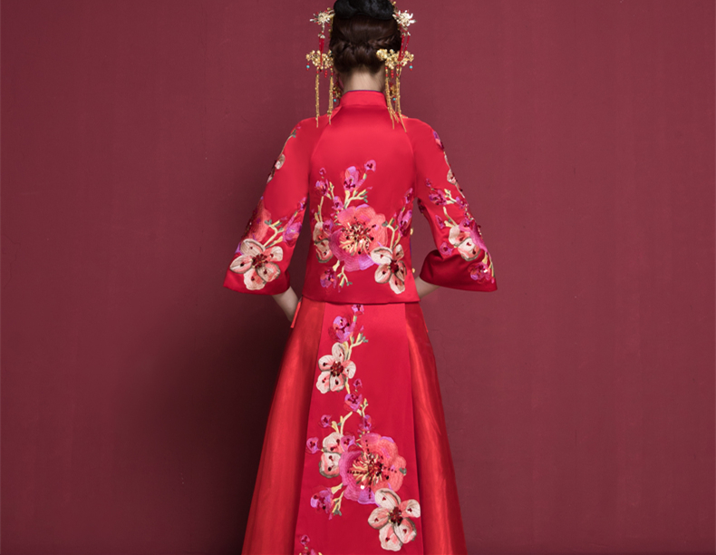 花開富貴中式新娘禮服，蘇繡桃花中袖敬酒服