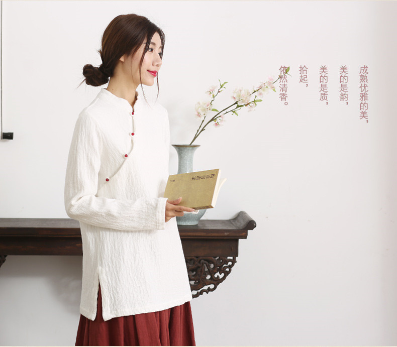 紅梅落雪復古棉麻唐裝女中式長袖上衣
