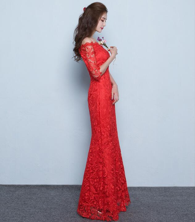 夏季性感魚(yú)尾長(zhǎng)款紅色結(jié)婚中式禮服