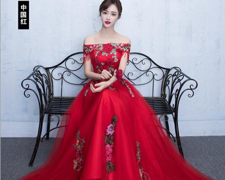 新娘敬酒服，一字肩中式結婚禮服(（二）