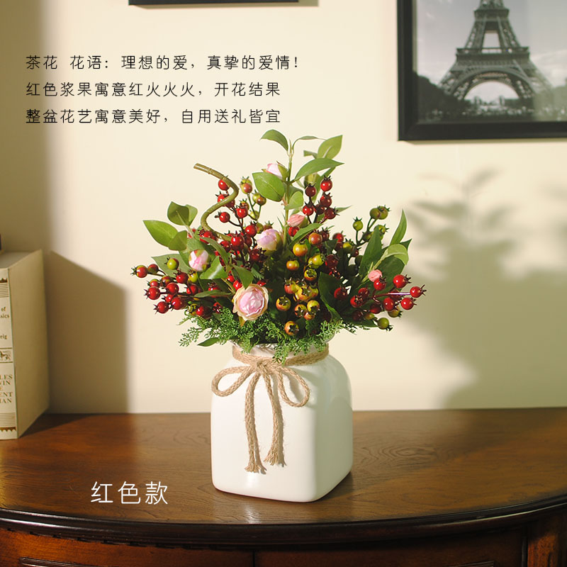 可愛漿果插花藝術(shù)，仿真茶花中式花藝