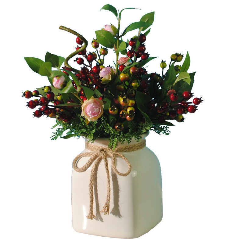 可愛漿果插花藝術(shù)，仿真茶花中式花藝