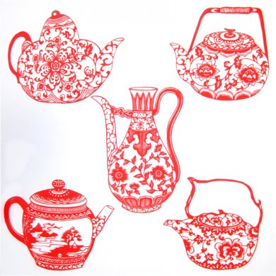 11款精美手工紅花瓷剪紙，茶壺剪紙工藝品
