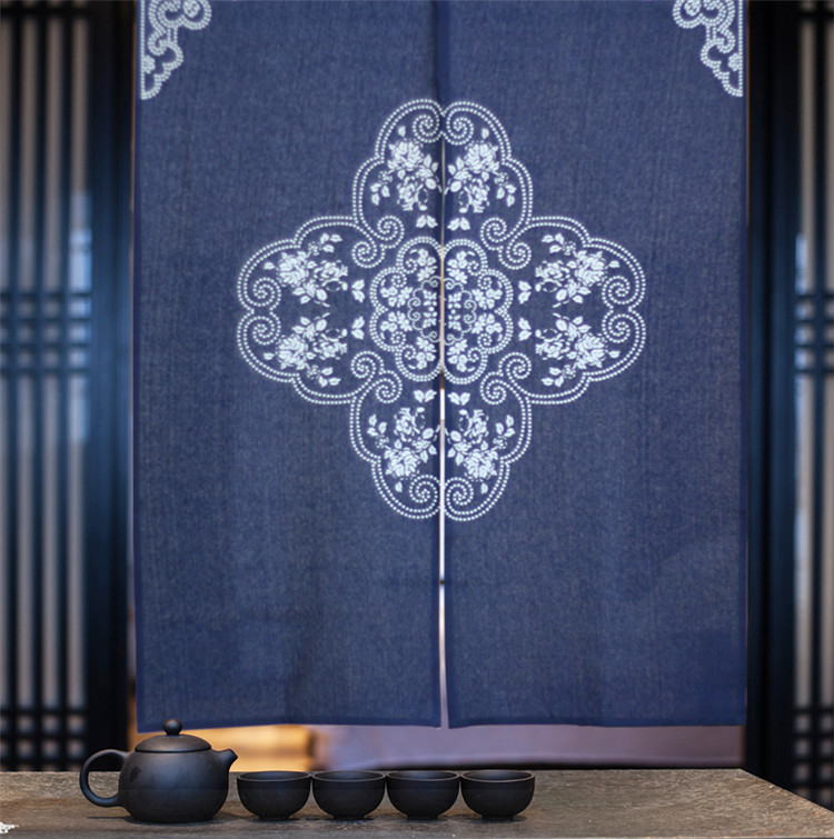 中國(guó)風(fēng)中式棉麻藍(lán)印花布藝門(mén)簾掛簾隔斷