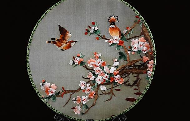 雙面真絲手工刺繡團(tuán)扇，古典黑檀木宮扇子