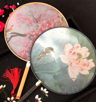 中國(guó)風(fēng)復(fù)古仿竹團(tuán)扇，真絲半透明雙面團(tuán)扇圖片