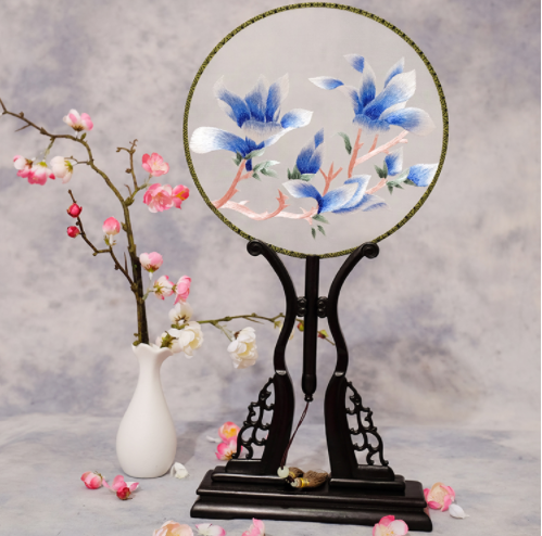 四款雙面繡花中國風團扇，古風宮扇古典扇子圖