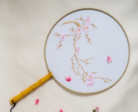 清新桃花刺繡團(tuán)扇，粉色韻味繡花宮扇工藝扇子