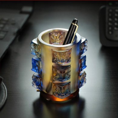 精美失蠟古琉筆筒，中國傳統(tǒng)手工琉璃筆筒