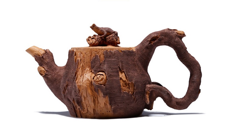 仿木外皮紫砂壺，創(chuàng)意木樁手工雕刻紫砂壺