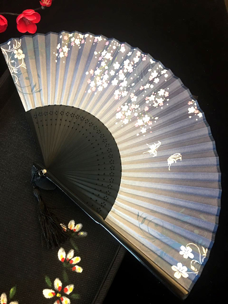 古典中國風烤漆邊真絲櫻花竹折扇