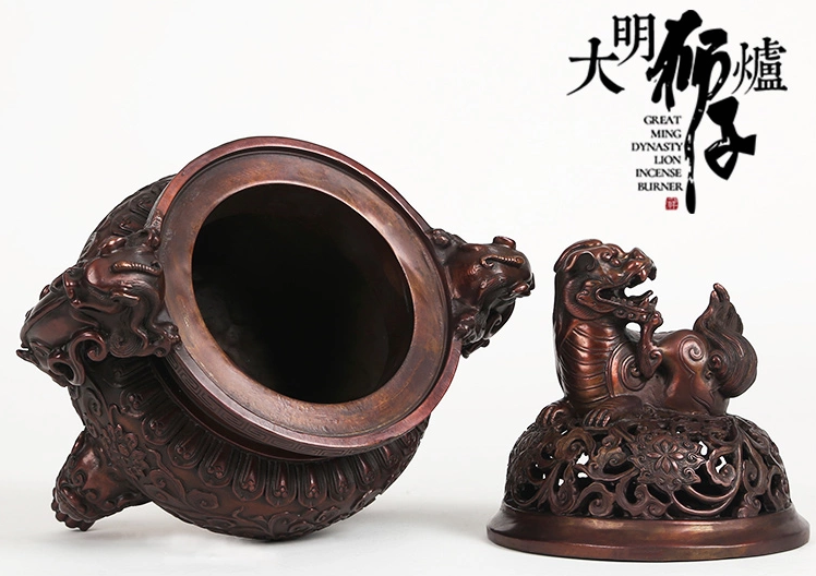 大明獅子紫銅香爐，仿古宣德熏香爐