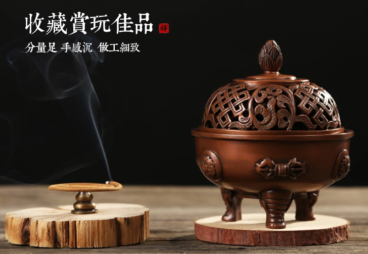 吉祥蓮花三足香爐，仿古紫銅熏香爐