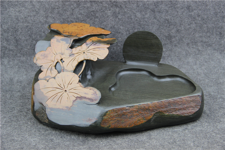 金暈魚子荷葉雕花歙硯，老坑硯臺(tái)龍尾硯