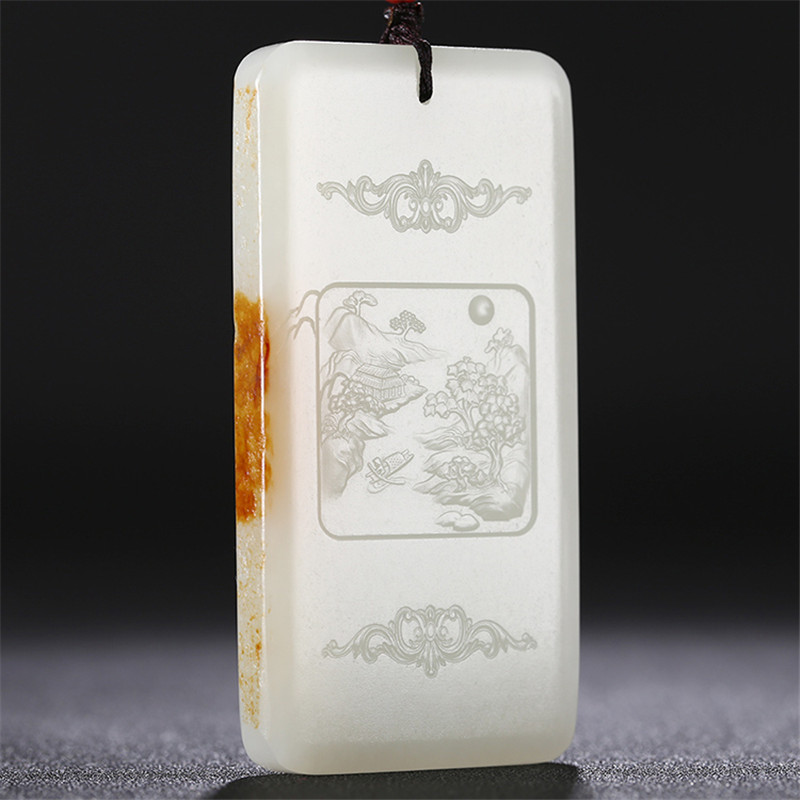 和田玉山水悠然自在掛件，白玉項鏈玉石。