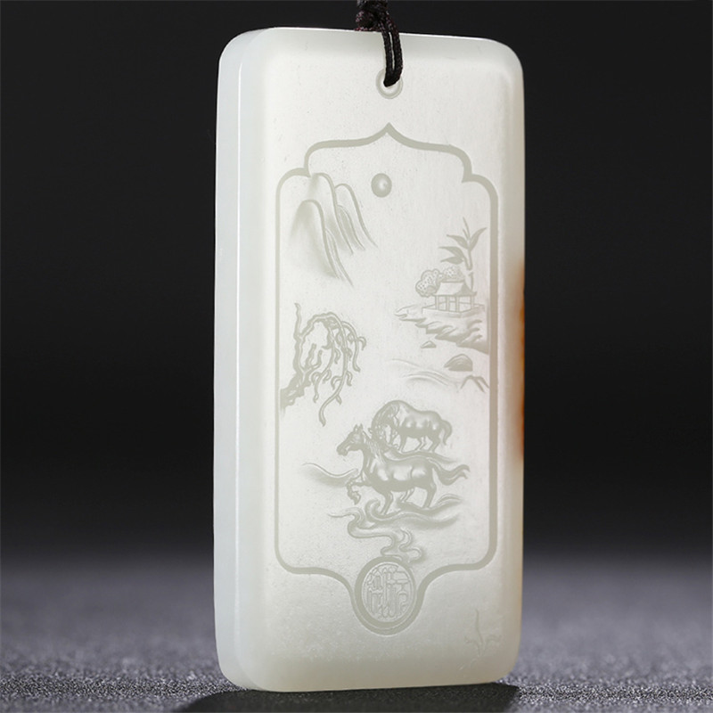 和田玉山水悠然自在掛件，白玉項鏈玉石。