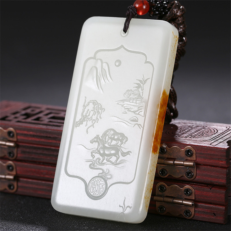 和田玉山水悠然自在掛件，白玉項鏈玉石。