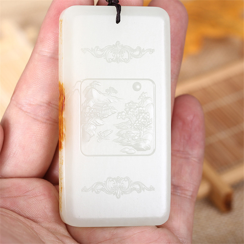 和田玉山水悠然自在掛件，白玉項鏈玉石。