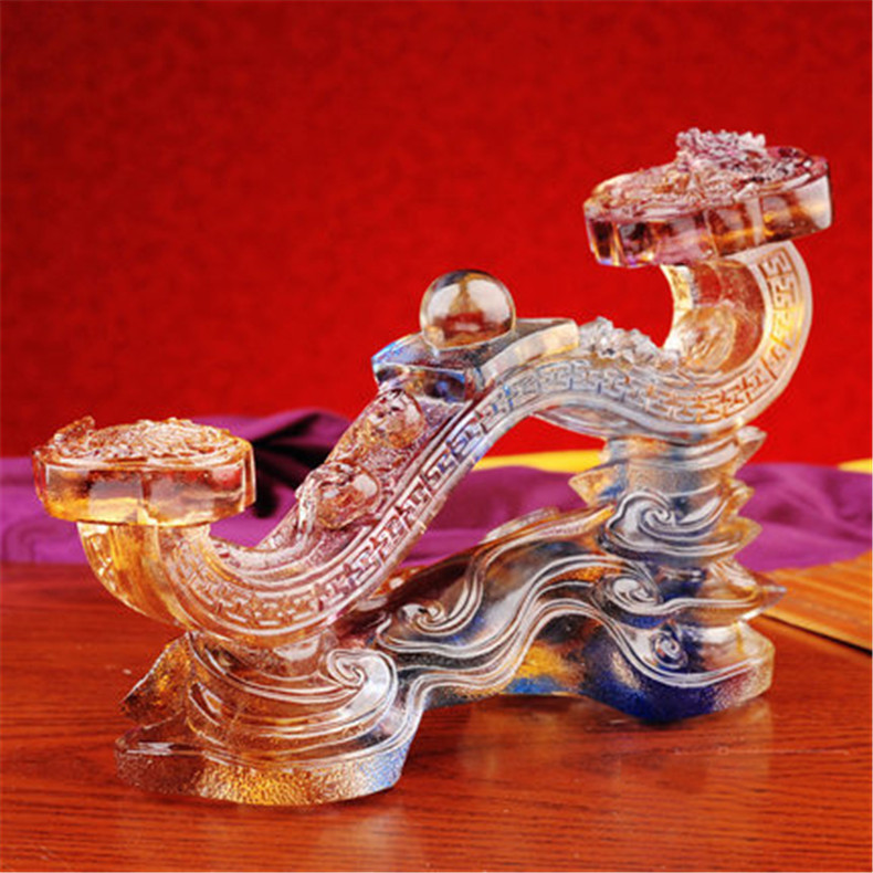 龍鳳如意琉璃工藝品，古法琉璃擺件